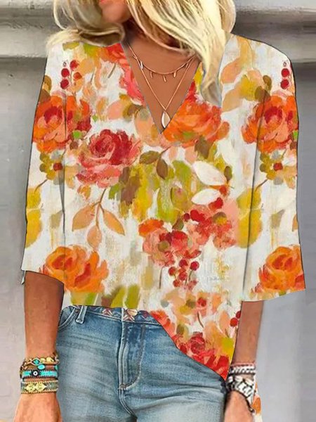 

V Neck Half Sleeve Floral Lightweight Loose Shirt For Women, Yellow, Blouses
