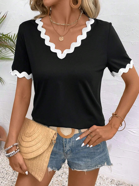 

Women's Short Sleeve T-shirt Summer Black Plain Webbing Jersey V Neck Daily Going Out Casual Top, T-Shirts