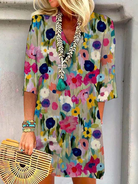 

Women Floral V Neck Three Quarter Sleeve Comfy Casual Pocket Stitching Mini Dress, Multicolor, Short