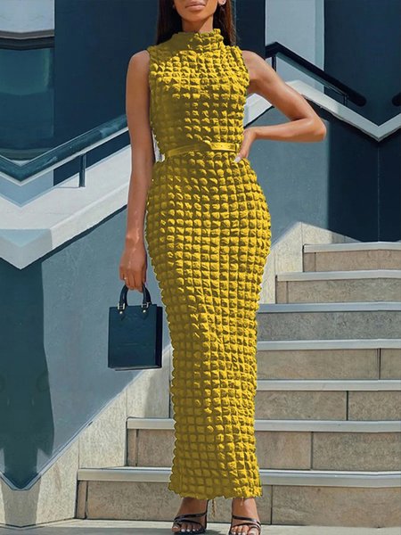 

Urban Plain Stand Collar Regular Fit Sleeveless Dress, Yellow, Maxi Dresses