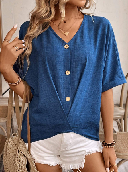 

Women's Short Sleeve Blue Summer Blouse Button Decoration V Neck Top, Shirts & Blouses