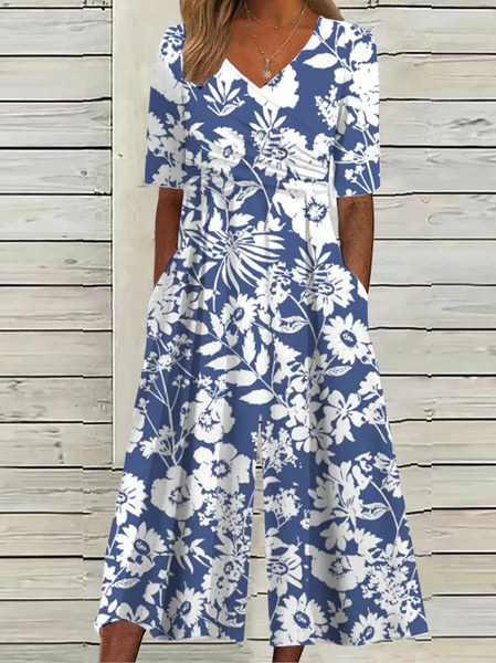 

Women Short Sleeve V Neck Loose Capris Daily Casual Floral Natural Jumpsuit, Blue, Jumpsuits&Rompers