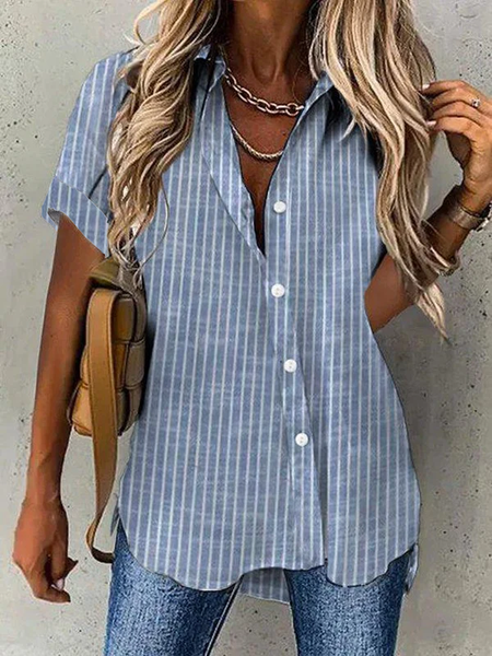 

Shirt Collar Short Sleeve Striped Regular Loose Blouse For Women, Blue, Shirts