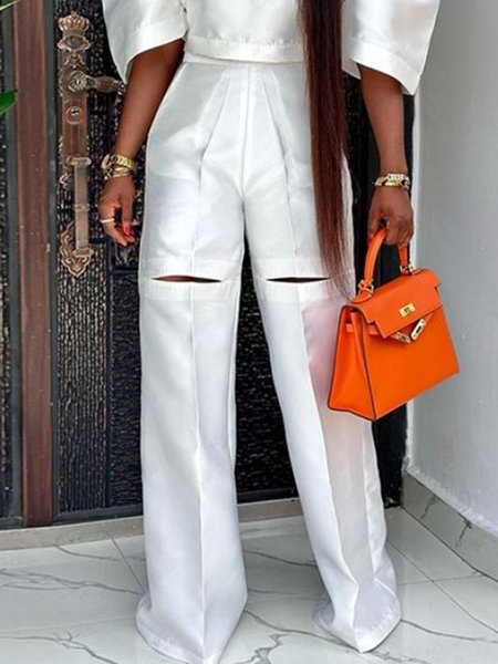 Plain Urban Regular Fit Fashion Pants, White, Pants