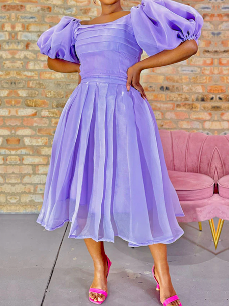 

Elegant Boat Neck Short Sleeve Plain Regular Fit Midi Dress, Purple, Midi Dresses