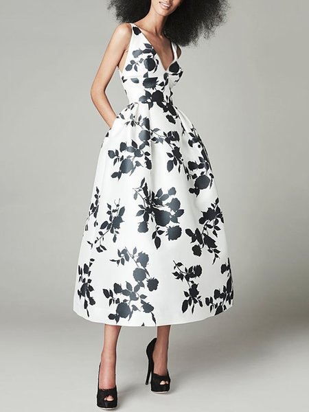 

Floral Elegant V Neck High Waist Sleeveless Dress, Black-white, Midi Dresses