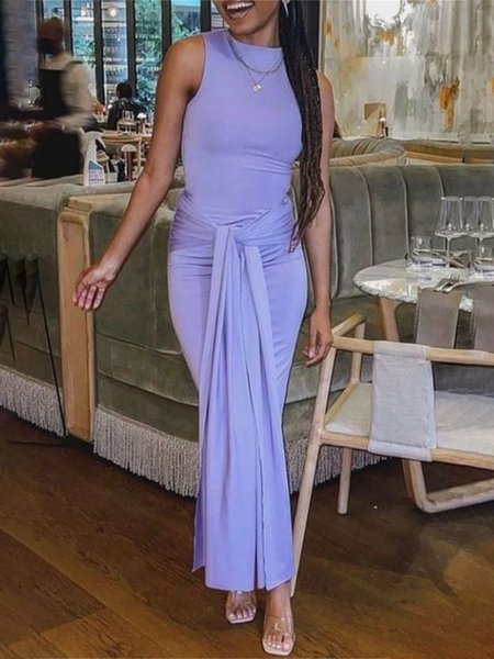 

Elegant Crew Neck Tight Plain Dress, Light purple, Maxi Dresses