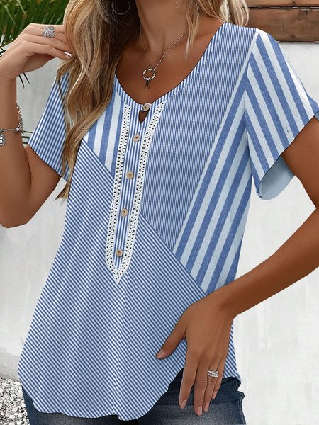 

Crew Neck Short Sleeve Striped Lightweight Loose Shirt For Women, Blue, Blouses