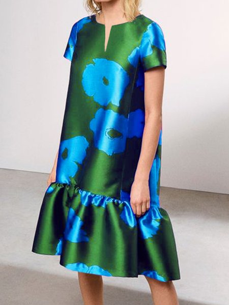 

Loose V Neck Floral Elegant Dress, As picture, Midi Dresses