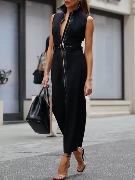 

Urban Stand Collar Zipper Dress With Belt, Black, Maxi Dresses