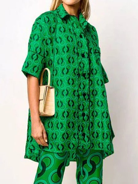 

Urban Shirt Collar Loose Geometric Blouse, Green, Blouses and Shirts