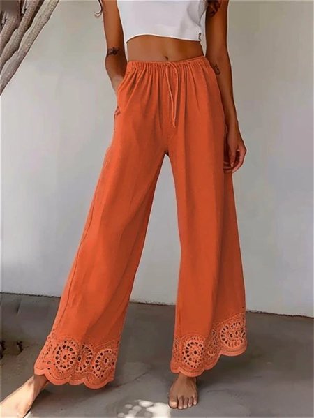

Women's Elastic Waist Baggy Cotton Pants Drawstring Orange Embroidered Loose Pants With Pockets, Pants