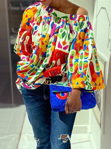 

Vacation Geometric Loose Cold Shoulder Shirt, As picture, Blouses and Shirts