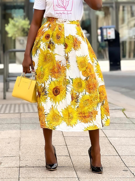 

Loose Floral Elegant Midi Skirt, Yellow, Skirts