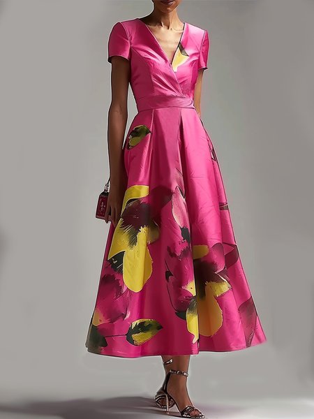 

V Neck Regular Fit Elegant Floral Dress, As picture, Midi Dresses
