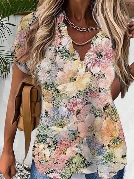 

Scoop Neck Short Sleeve Floral Lightweight Loose Shirt For Women, Yellow, Blouses