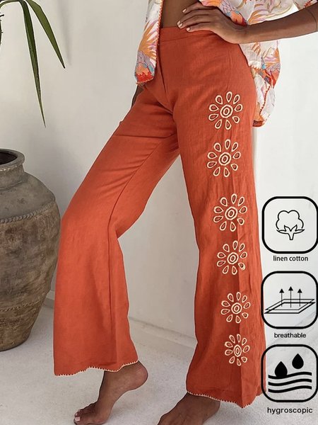 

Cotton And Linen Loose Embroidery Casual Pants, Orange red, Pants