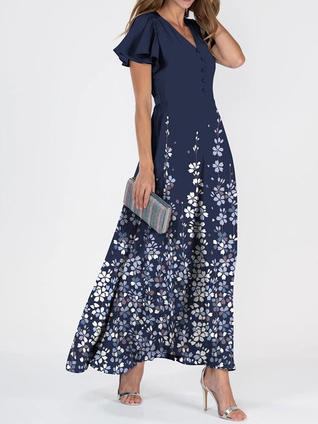 

Women's Short Sleeve Summer Floral Dress V Neck Ruffle Sleeve Elegant Blue Maxi Dress, Dark blue, Dresses