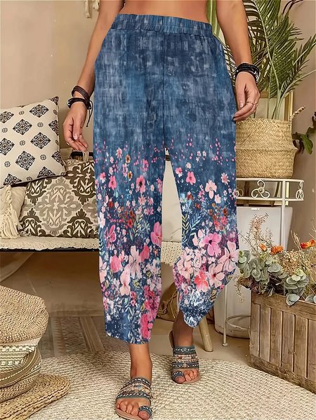 

Women's Elastic Band H-Line Straight Pants Daily Going Out Pants Blue Casual Floral Spring/Fall Pants, Pants