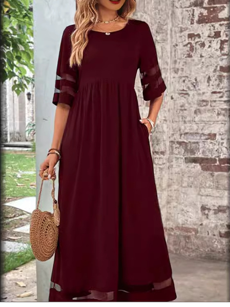 

Women Plain Crew Neck Short Sleeve Comfy Casual Maxi Dress, Wine red, Dresses