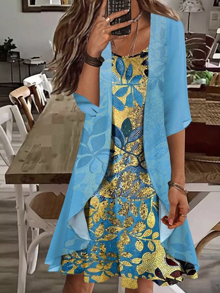 Women Floral Crew Neck Half Sleeve Comfy Casual Coat With Skirt Two-Piece Set, Blue, Dresses