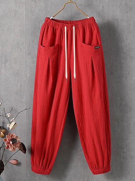 

Cotton Pocket Stitching Casual Loose Pants, Red, Pants