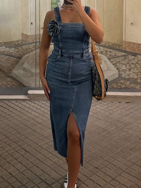 Plain Urban Regular Fit Spaghetti Denim Dress, As picture, Maxi Dresses