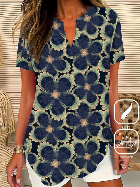 

Notched Short Sleeve Floral Regular Loose Shirt For Women, Multicolor, Blouses