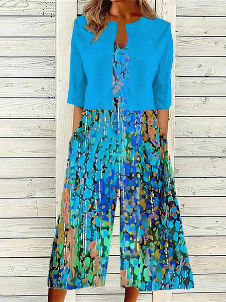 

Women Random Print V Neck Half Sleeve Comfy Casual Two-Piece Set, Blue, Jumpsuits&Rompers