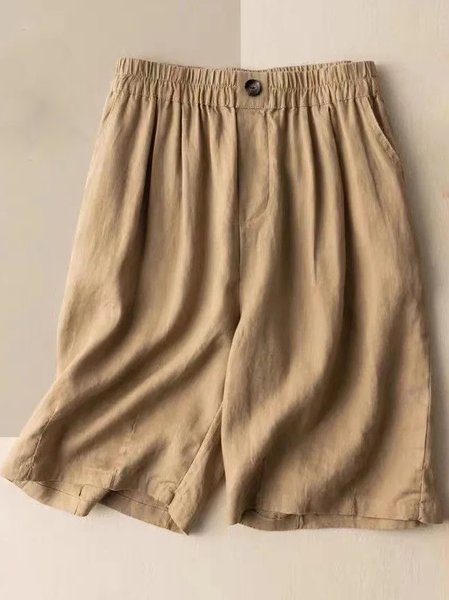 

Casual Plain Pocket Stitching Loose Shorts, Khaki, Shorts