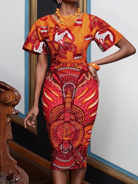 

Printing Urban Regular Fit Crew Neck Dress, As picture, Midi Dresses