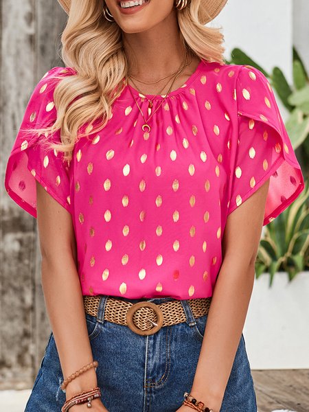 

Crew Neck Short Sleeve Polka Dots Regular Loose Shirt For Women, Rose red, Blouses