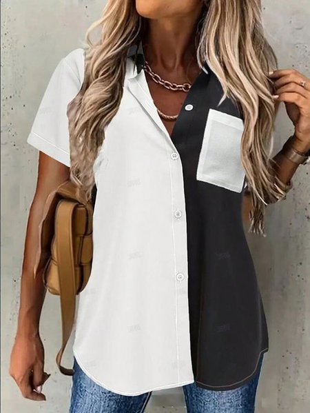

Shirt Collar Short Sleeve Color Block Regular Loose Blouse For Women, Black-white, Shirts