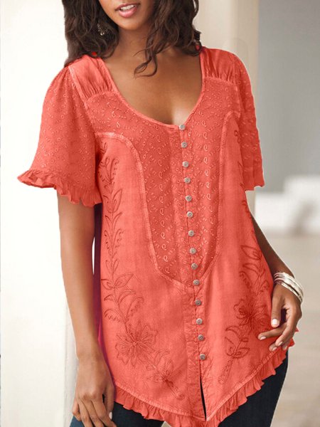 

V Neck Short Sleeve Plain Lightweight Loose Shirt For Women, Orange red, Blouses