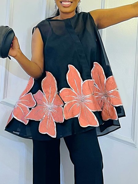 

Floral Loose Crew Neck Urban Sleeveless Shirt, Black, Blouses and Shirts