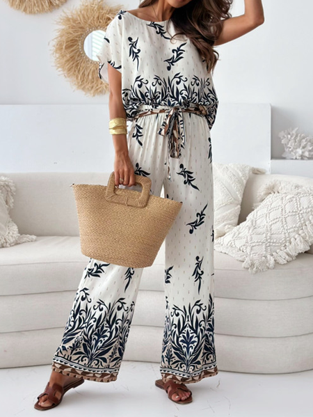 

Women Short Sleeve Crew Neck Loose Long Daily Casual Ethnic Natural Jumpsuit, White, Jumpsuits&Rompers