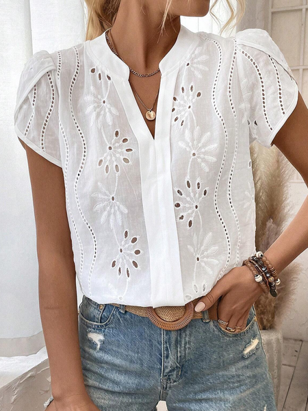 

Women's Short Sleeve Cotton Blouse Summer Embroidered Cotton V Neck Top, White, Shirts & Blouses