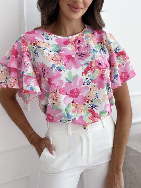 

Crew Neck Short Sleeve Floral Regular Loose Shirt For Women, Pink, Blouses