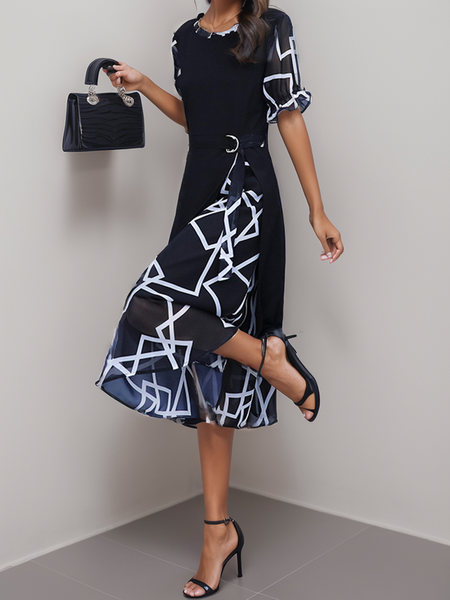 

Women's Short Sleeve Summer Geometric Dress Layered Look Crew Neck Elegant Blue Maxi Dress, Black, Dresses