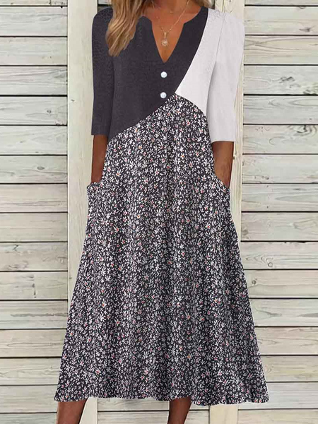 

Women Floral V Neck Half Sleeve Comfy Casual Midi Dress, Multicolor, Dresses