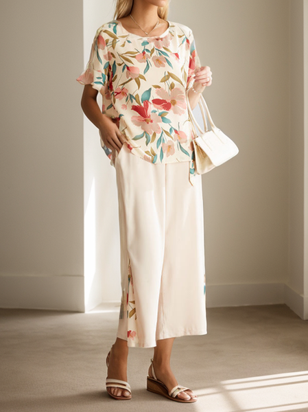

Women's Floral Printed Two Piece Sets Summer Bell Sleeves V Neck 2 Piece Sets, Apricot, Suit Set