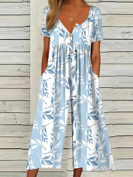 

Women's H-Line Half Open Collar Daily Going Out Casual Floral Summer Ankle Pants Jumpsuit/Romper, Blue, Jumpsuits＆Rompers