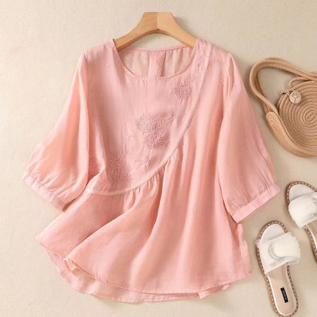 

Cotton Plain Casual Crew Neck Blouse, Pink, Blouses & Shirts