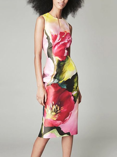 

Notched Elegant Floral Sleeveless Dress, As picture, Midi Dresses