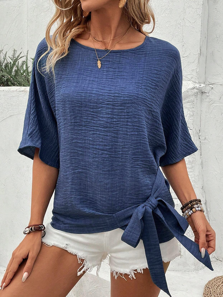 

Plain Knot Front Casual Shirt, Blue, Blouses & Shirts