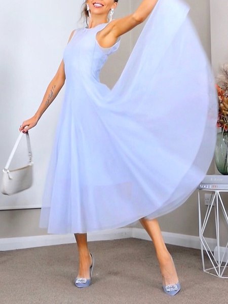 

Elegant Regular Fit Sleeveless Plain Midi Dress, Aqua blue, Midi Dresses
