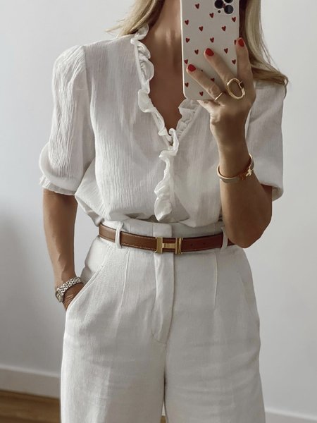 

V Neck Short Sleeve Plain Lightweight Loose Shirt For Women, White, Blouses