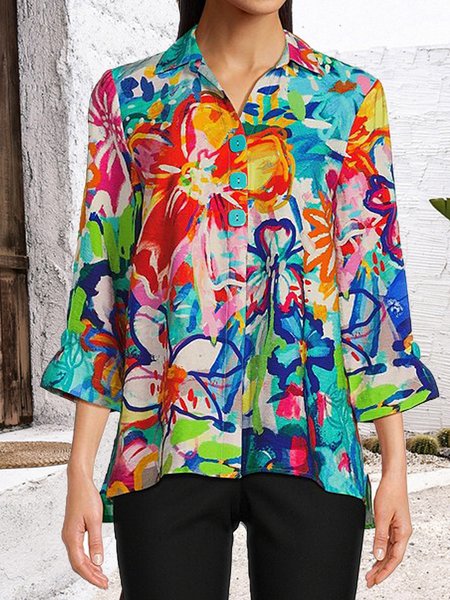 

V Neck Half Sleeve Floral Lightweight Loose Shirt For Women, Multicolor, Blouses