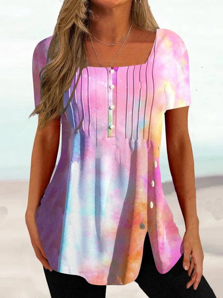 

Square Neck Short Sleeve Random Print Lightweight Loose Shirt For Women, Pink, Blouses