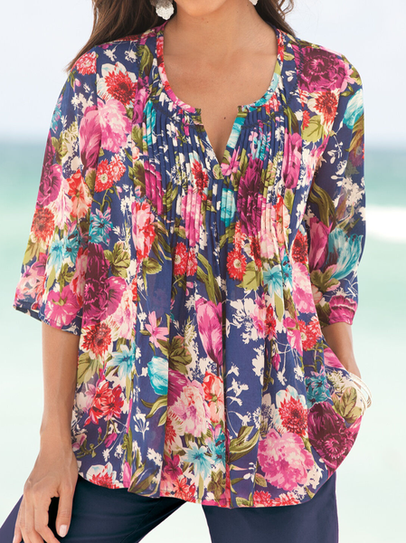 

Notched Half Sleeve Floral Regular Loose Shirt For Women, Multicolor, Blouses